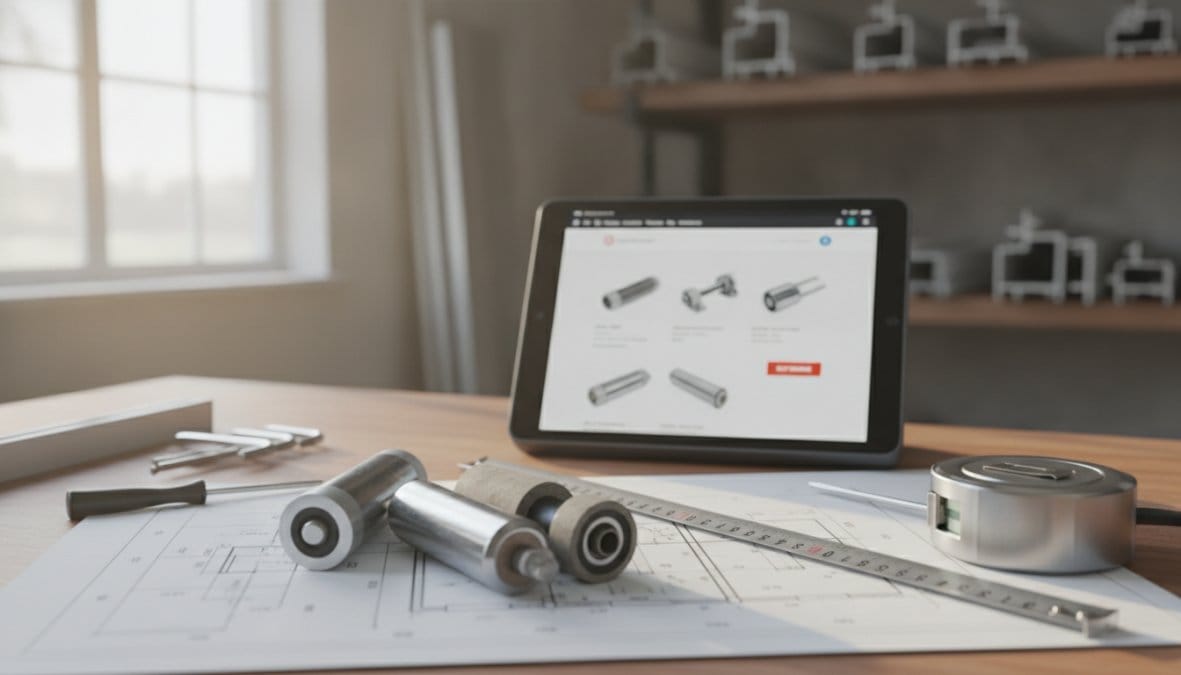 Tablet displaying a product catalog on an engineering desk with metal parts, rulers, and blueprints nearby in a workshop setting