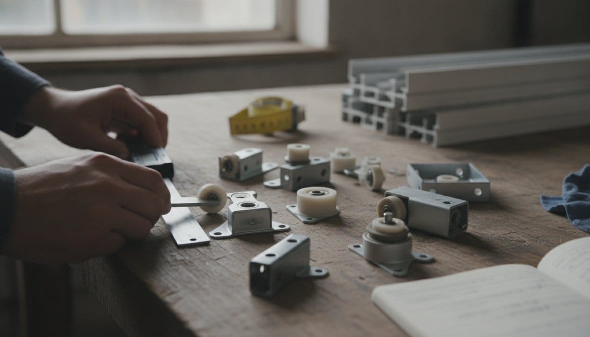 Hands assembling caster wheels and metal brackets on a wooden workbench, with metal profiles and a tape measure nearby.