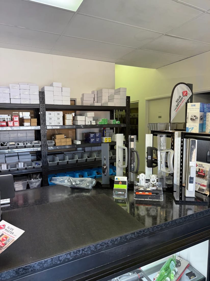 Slide Master Hardware service counter with sliding door handles and roller parts, Wangara, Perth