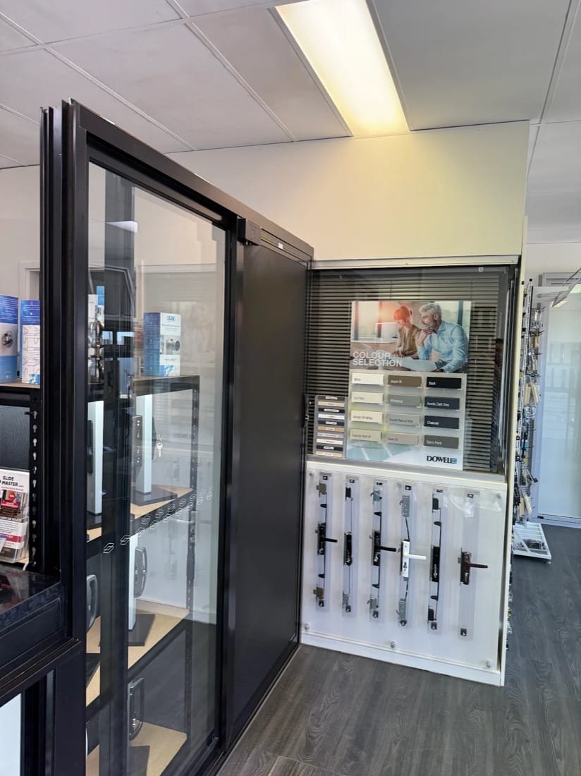 Sliding door display and Dowell colour selection board in the Slide Master Hardware Wangara showroom