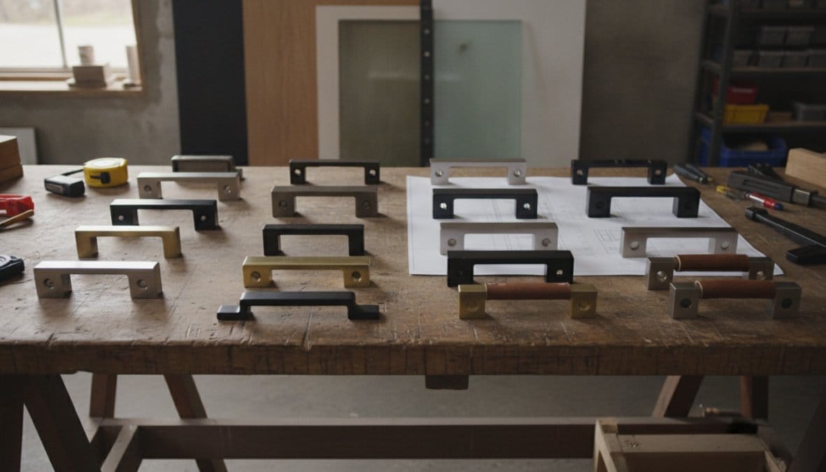 Workbench with rows of cabinet handles in different finishes laid out for selection.