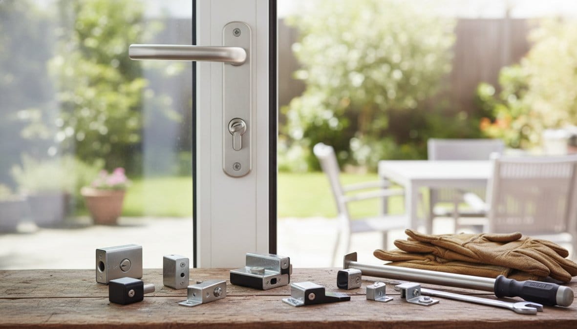 Assorted door hardware and tools laid out on a wooden workbench in front of a glass patio door, with gloves on the right.