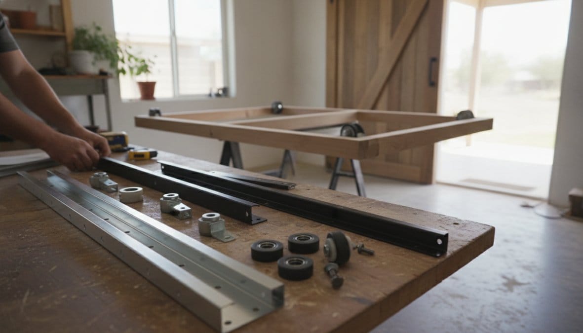 Person assembling metal rails and hardware on a workbench in a workshop with a wooden frame on sawhorses in the background