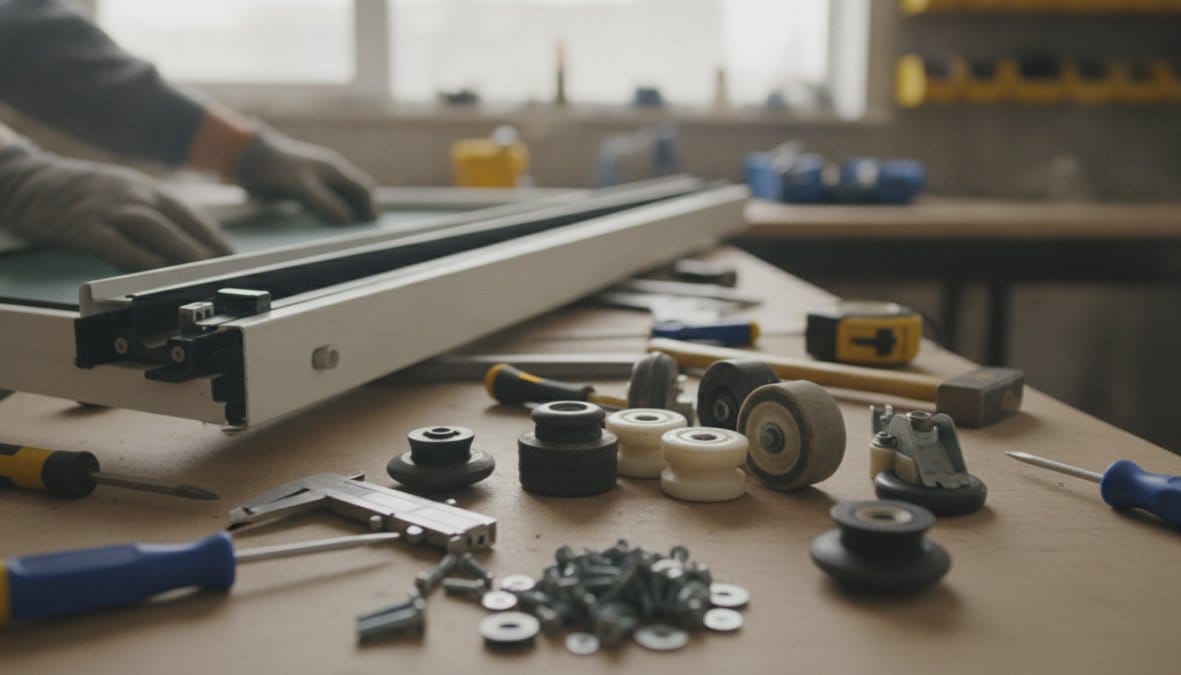 Tools and hardware scattered on a workbench in a workshop, including wheels, screws, and a yellow tape measure with a blurred background.